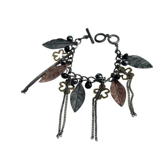 Boho Leaf Charm Toggle Bracelet Mixed Metal Tone Beads Chains - Picture 1 of 5